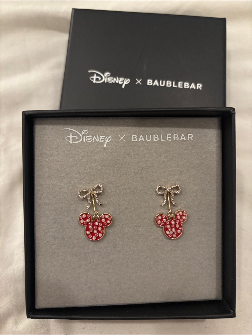 BaubleBar Disney Red and Gold Mickey Bow Drop Earrings